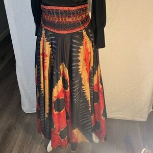 Sandy Starkman Bohemian Maxi Flare Lined Skirt  Wide Beaded Waistband Size M